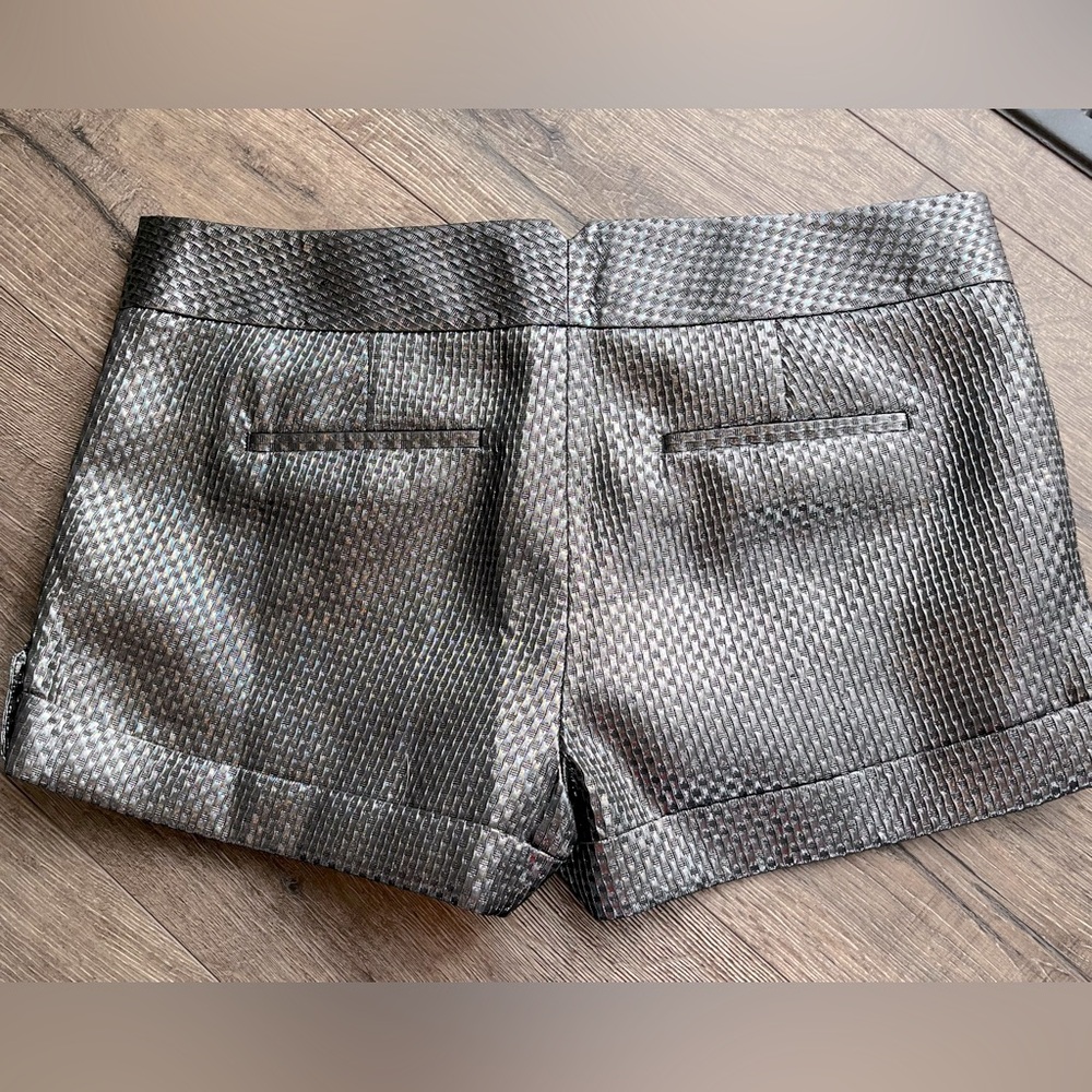 “EXPRESS” SILVER METALLIC w/ black; DRESSY, textured fabric, shorts size 12